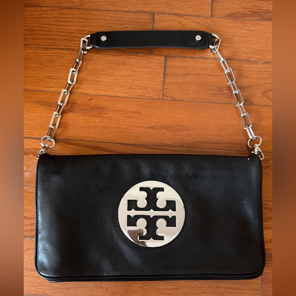 Tory Burch Black Leather a Reva Clutch with Silver Logo